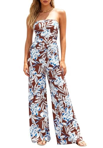 BTFBM Jumpsuits For Women Casual 2026 Floral Strapless Jumpsuit Wide Leg Rompers Beach Vacation Clothes Summer Outfits(Floral Brown White Blue, XX-Large) - Image 1
