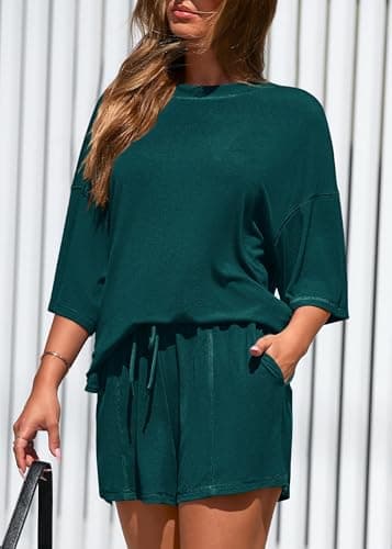 KIRUNDO 2 Piece Sets for Women Summer Lounge Sets Casual Oversized Tshirts Shorts Matching Airport Travel Outfits Postpartum(Peacock Green, Medium) - Thumbnail 5