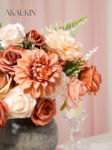 Terracotta Artificial Flowers Burnt Orange Flowers Combo Box Set with Fake Dahlias Roses Peonies Greenery for Wedding Bouquets Bridal Shower Centerpieces DIY Home Decor Baby Shower Thanksgiving Table - Thumbnail 5
