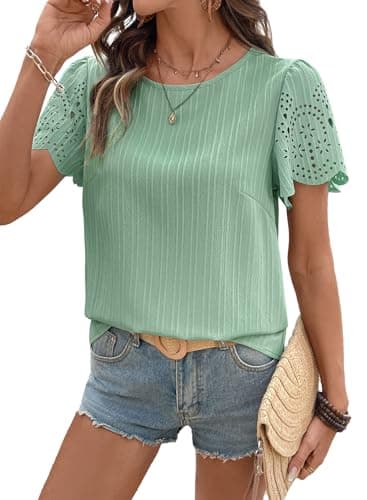 SHEWIN Womens Blouses Crew Neck Short Sleeve Shirts for Women Lightweight Hollow Out Texture Womens Tops Pullover Summer Tops for Women,(US 4-6) S,Smoke Green - Image 1