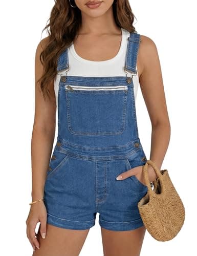 POLITI Denim Overall Shorts for Women, Adjustable Straps Bib Stretchy Jean Shortalls with Zipper Pockets Summer Casual - Image 1