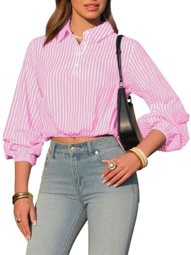 EXLURA Women's 100% Cotton Long Sleeve Crop Tops Summer Striped Collared Button V Neck Pullover Shirt Elastic Hem Y2K Blouse Pink - Image 1