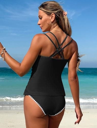 Jillumi Women's Tankini Swimsuits Color Block Tummy Control V Neck Push Up Swim Top High Waisted Swim Bottom with Cheeky Shorts (Black XL) - Thumbnail 2