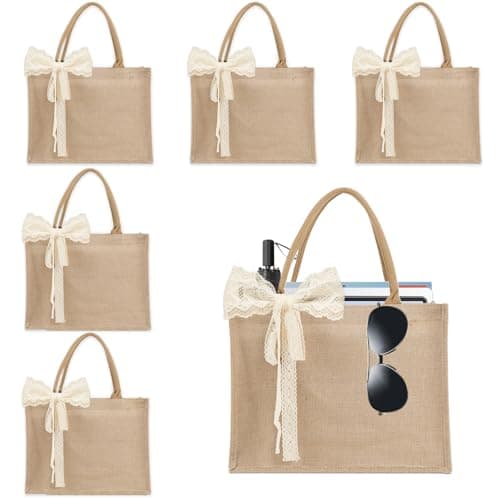 Karinoos 6pcs Burlap Tote Bag Set with Handles, Waterproof Reusable Blank Grocery Bags with Ribbon Large Jute Tote 15.35 * 6 * 12 Inch for Women Bridesmaid Gift Beach Pool Shopping Wedding Travel DIY - Image 1