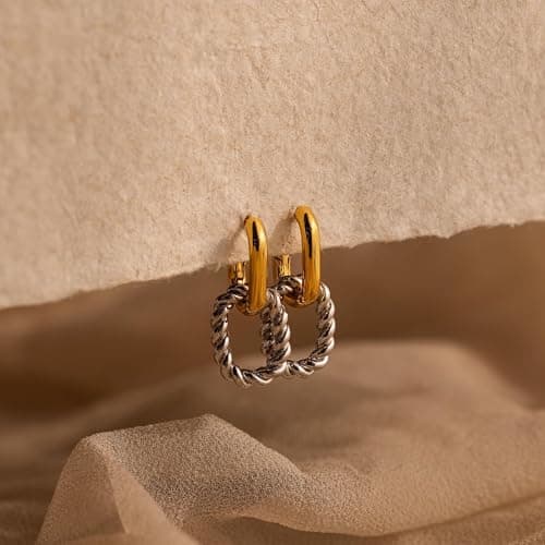 MUMREUES Gold Earrings for Women 14K Gold Plated Mixed Metal Paperclip Hoop Dangle Earring Trendy Two-Toned Drop Earrings Jewelry Gift for Her - Thumbnail 6