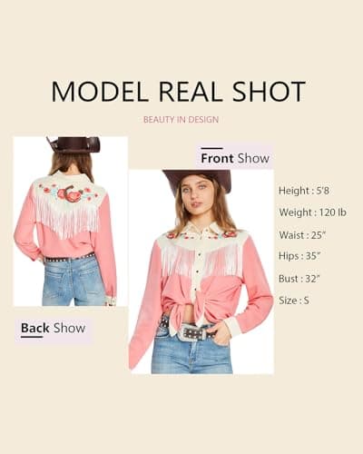 JOHN MOON Women's Fringe Western Shirts Floral Embroidered Button Down Shacket Rodeo Cowgirl Country Top Long Sleeve Pink - Thumbnail 5