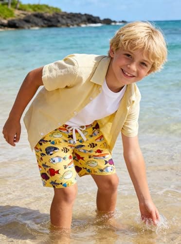 Cozople Boys Hawaiian Shirts Short Sleeve Button Down Shirt for 9-10 Yeras Collared Light Yellow Birthaday Party T-Shirt - Thumbnail 2