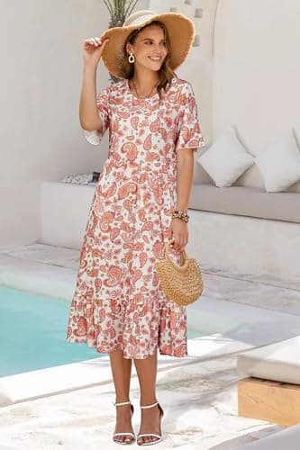 STYLEWORD Women's Summer 2026 Casual Short Sleeve Tiered Flowy Maxi Spring Dress Long Midi Beach Sundress Vacation Hawaiian Outfits(Floral23,S) - Thumbnail 5