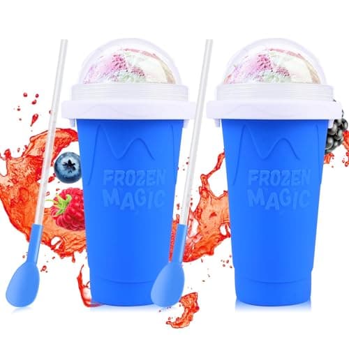 Slushie Cup 2 Pack DIY Slushy Maker Cup Frozen Magic Squeeze Cups for Juice Milk Yogurt Ice Cream Make, DIY Smoothie Cooling Cups with Lid & Straw for Kids Friends Family - Image 1