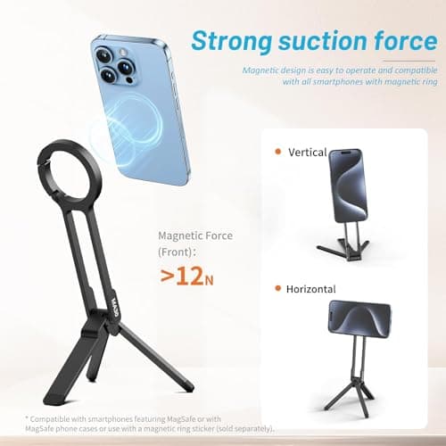 EGBULL Magnetic Phone Tripod, Foldable Portable Spring Clip Stand, Compatible with iPhone 12–17 Series & All Smartphones, Aluminum Alloy Stand for Live Streaming, Outdoor Use, 12N Strong Magnetic HOL - Thumbnail 3
