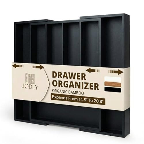 JODLY Bamboo Kitchen Utensil Drawer Organizer for Silverware | 100% Natural Expandable 14-20 Inch Kitchen Drawer Organizers for Utensils | Non-Slip Base | Screwed Joints for Long-Lasting Durability