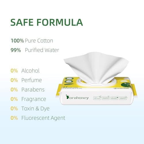 Dorahoney 100% USA Cotton Baby Wipes, 99% Purified Water Unscented Wet Wipes for Sensitive Skin, Hypoallergenic & Plastic-Free, 256 Count (4 Flip-Top Packs of 64) - Thumbnail 3