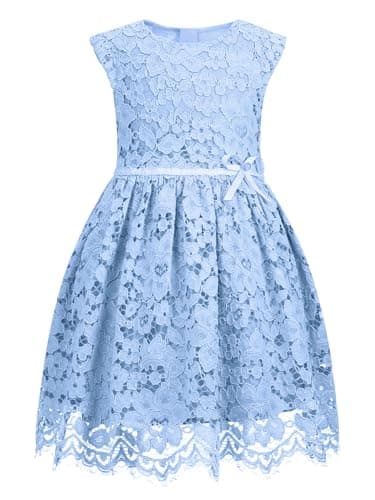 ALLOVIN Girls & Toddlers Sleeveless A-Line Lace Party Dress Birthday Wedding & Flower Girl Dress with Beaded Bowknot | Blue | 2-3T - Image 1