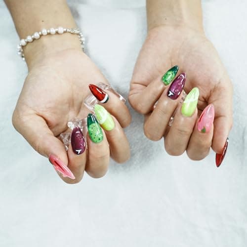 Tesytto Fruit Press on Nails Medium Almond - Cat Eye Effect with Hand-painted Watermelon Lemon & 3D Water Drop Cute Edgy Style, Thick Acrylic and Muti-Layer Gel False Nails (Fruit Party, M) - Thumbnail 5