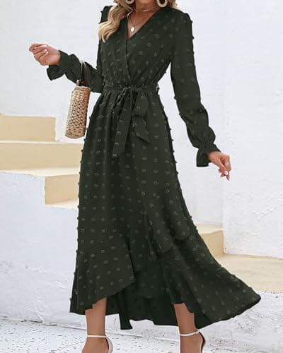 BTFBM Long Sleeve Maxi Dresses for Women Swiss Dot Boho Flowy Slit Cocktail Wedding Guest Dress Spring Clothes 2026(Army Green, XX-Large) - Thumbnail 3