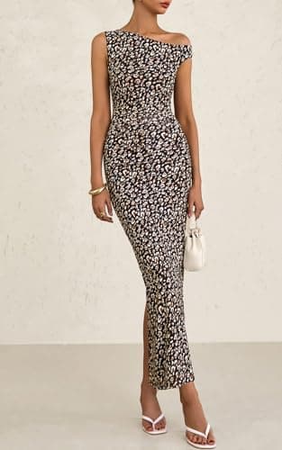 PRETTYGARDEN Women's 2026 Summer Floral One Shoulder Maxi Dress Wedding Guest Ruched Mesh Bodycon Long Cocktail Dresses (Leopard Print, Large) - Thumbnail 3