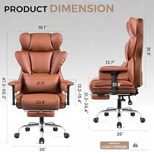 ALLGOD Heavy Duty Big and Tall Office Chair 500LBS, Ergonomic High Back Executive Desk Chair with Footrest, 23.6'' Wide Padded Seat Gaming Computer Chair with Lumbar Support, Adjustable Armrest, Brown - Thumbnail 2