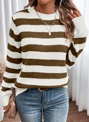 Dokotoo Womens Plus Size Sweaters Wool Crew Neck Striped Color Block Comfy Ribbed Knit Top Cute Christmas Casual Loose Chunky Long Pullover Sweater Oversized Jumper Tops Desert Palm XX-Large - Thumbnail 3