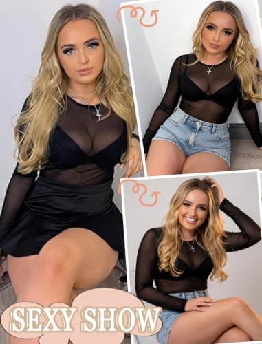 Avidlove Black Mesh Top Women Sheer Blouses for Women Mesh Undershirt Women T Shirt Black Long Sleeve Top Black L - Thumbnail 5