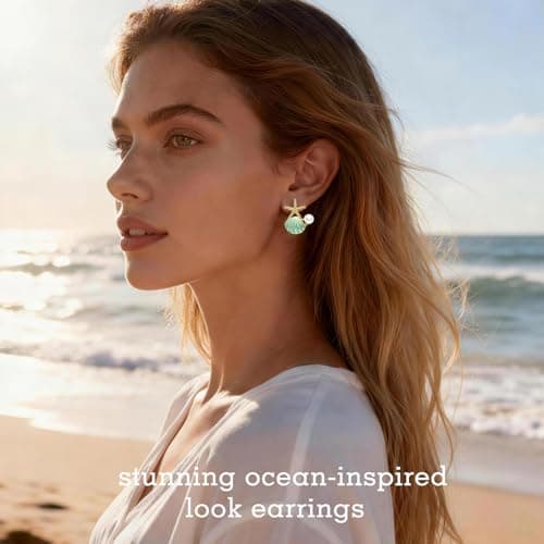 Stainless Steel Starfish & Seashell Earrings for Women | Elegant Pearl Drop Dangle Earrings with Starfish Top, Hypoallergenic Beach Vacation Jewelry | Summer Tropical Outfits, Dresses Trendy 2026 Fashion Accessories (Light Blue) - Thumbnail 3