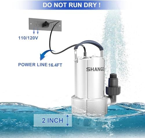 SHANGDA Sump Pump 1.5HP Submersible Water Pump 4500GPH Stainless Steel Electric Clean/Dirty Water Draining Transfer Pumps with Adapters for Pool Hot Tub Pond - Thumbnail 3