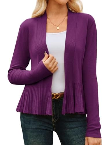 GRACE KARIN Women's Lightweight Draped Open Front Cropped Cardigan Long Sleeve Sweaters Peplum Knit Tops Mulberry M - Image 1