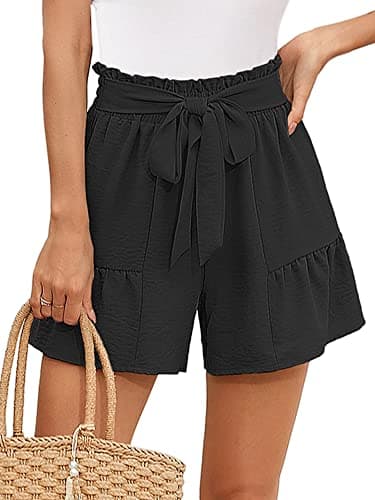 Heymoments Women's Wide Leg Shorts Lightweight Black Small High Waisted Adjustable Tie Knot Loose Summer Cute Trousers - Image 1