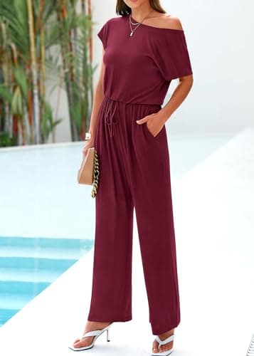KIRUNDO Womens Jumpsuit 2026 Casual Summer Loose One Piece Off Shoulder Elastic Waist Wide Leg Long Romper with Pockets(Wine Red, X-Large) - Thumbnail 6