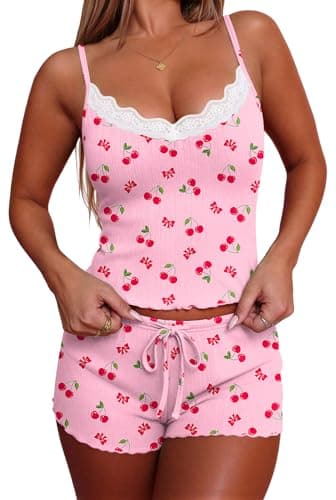 Ekouaer Women's Pajama Sets 2 Piece Sexy Lingerie Sleepwear with Pockets Lightweight Lace Cami Shorts Adjustable Straps Pjs - Image 1