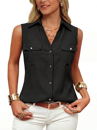 GRACE KARIN Women Sleeveless Button Down Shirts, Summer Solid Dressy Casual Blouse, V Neck Tank Top Business Work 2026 Trendy Black X-Large - Image 1