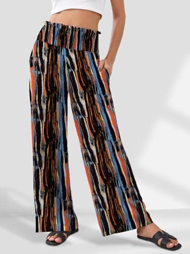 GEMLON Womens Wide Leg Pants High Waisted Palazzo Pants Summer Lounge Trousers Boho Pants with Pockets Black Print M - Thumbnail 5