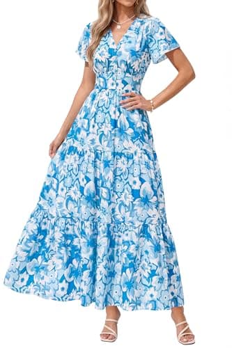 PRETTYGARDEN Women Summer Maxi Dresses 2026 Short Sleeve V Neck Button Floral Tiered Flowy Boho Sundress Beach Outfits(Blue Floral,Medium) - Image 1