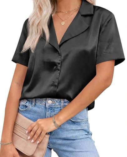 Cicy Bell Womens Summer Satin Button Down Shirts Silk Short Sleeve V Neck Casual Dressy Tops Loose Fit Collared Work Blouse Black - Image 1