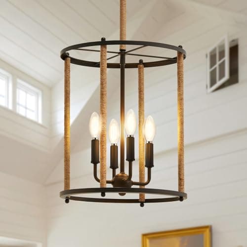 Luvkczc 4 Light Chandelier,Farmhouse Ceiling Light Black Lantern Light Fixtures with Ropes Cage Adjustable Height Rustic Hanging Light E12 Base for Kitchen Island, Dining Room, Living Room,Entryway - Image 1