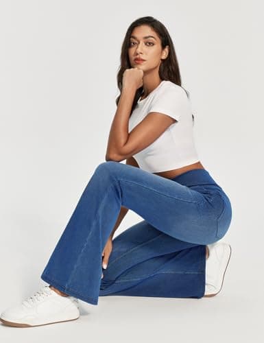 IUGA Stretchy Jeans for Women Bell Bottom Jeans V Cross High Waisted Jeggings Pull On Wide Leg Sweatpant Jean Flare Leggings(Whiskers Medium Wash, X-Large) - Thumbnail 5