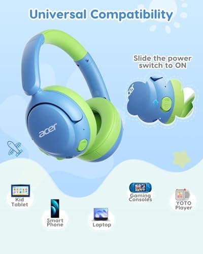 acer Kids Bluetooth Headphones, 85dB Volume Limiter, Foldable Wireless Over-Ear Headphones for iPad, Travel, 75H Playtime, Bluetooth 5.4, Built-in Mic, Blue Green - Thumbnail 6