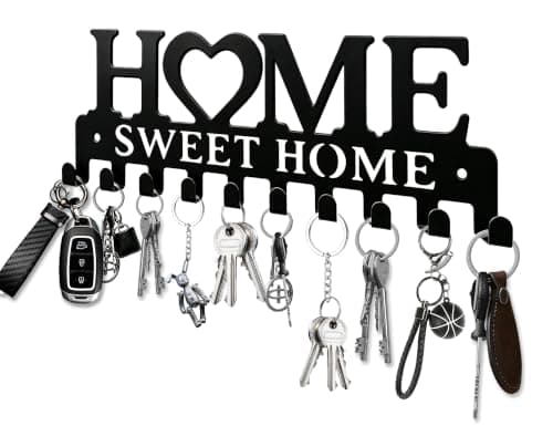 Key Holder Hooks Organizer Hanger Rack Wall Mounted Sweet Home Metal Decor Stylish and Practical for Entryway Front Door Kitchen Hallway Garage Mudroom Office Hardward Included Black (Sweet 10 Hooks)