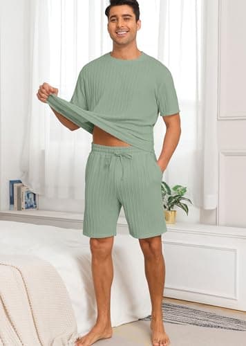 PrinStory Mens Pajamas Set Short Sleeve Crew Neck Pajama for Men 2 Piece Pjs Sets Lounge Set with Pockets Gray Green-2XL - Thumbnail 2