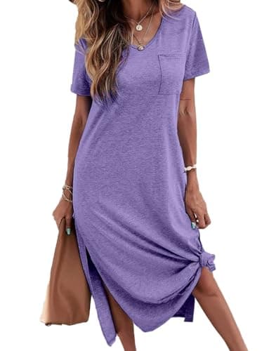 Dyexces Women Summer T Shirt Dress Short Sleeve Casual V Neck T Shirts Maxi Dresses Loose Side Slit Long Tshirt Midi Dress Tshirts with Pockets Violet - Image 1