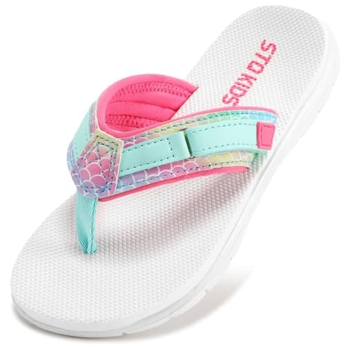 Girls Flip Flops Kids Sandals Summer Beach Non Slip Outdoor & Intdoor Little/Big Girl Comfortable Fashion Lightweight Soft Bathroom Pool Swimming Shower Home House Sport White Teal Big Kid 4 - Image 1