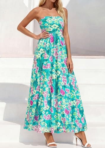 PRETTYGARDEN Womens Boho Maxi Dress 2026 Summer Floral Tube Strapless Spring Wedding Guest Cocktail Long Dresses (Floral Blue Green,X-Large) - Thumbnail 5