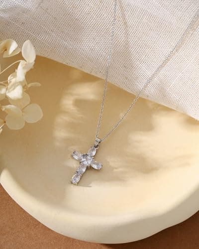 Solistra Cross Necklace for Women, Silver Plated Cubic Zirconia Cross Pendant Necklace, Trendy Christian Gifts for Baptism First Communion Christmas - Thumbnail 4
