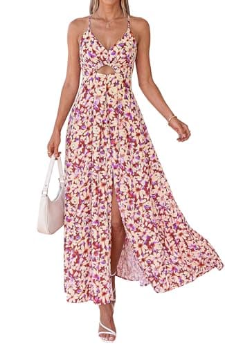 BTFBM Summer Dresses for Women 2026 Spring Floral Spaghetti Strap Smocked Cutout Maxi Dress Resort Beach Vacation Outfit(Floral Light Brown, Small) - Image 1