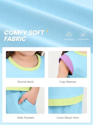 XMWEALTHY Girl Clothes Summer Outfits Color Block Short Sleeves T-Shirt with Short Sets 2 PCS Toddler Girls Fashion Sweatsuit Blue 5-6T - Thumbnail 5