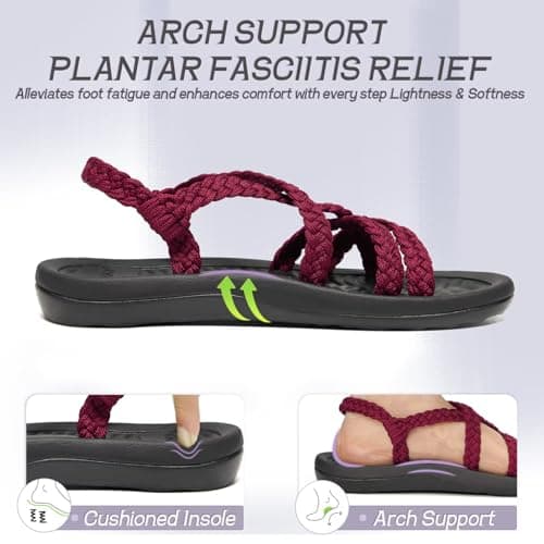MEGNYA Comfortable Sport Sandals for Womens, Soft Arch Support Slide Sandals with Adjustable Straps, Plantar Fasciitis Walking Shoes for Beach Travel Hiking Bordeaux Size 8 - Thumbnail 4