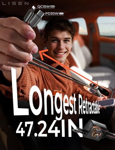 LISEN Long Retractable Car Charger 4 in 1 (47.2in Cable), 69W USB C Car Charger for Truck & Uber Drivers, Truck Accessories Fast Charging for iPhone 17 16 15 14 13 12 11 X Series, Uber Signs for Car - Thumbnail 2