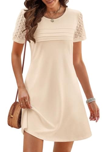MEROKEETY Women's Summer Short Lace Sleeve T Shirt Dress Casual Crew Neck Pleated Front Shift Dresses, Apricot, Small - Image 1