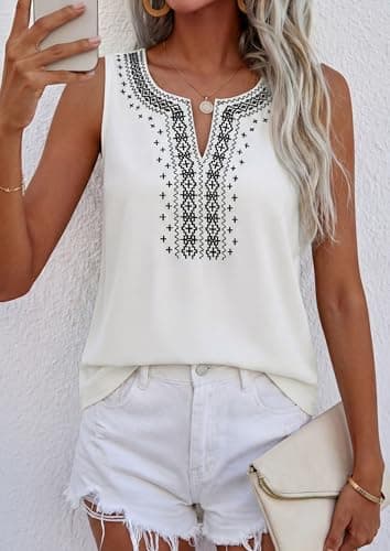 PRETTYGARDEN Womens Tank Tops 2026 Summer Causal V Neck Sleeveless Shirts Floral Print Embroidered Beach Vacation Boho Top(White,X-Large) - Thumbnail 2