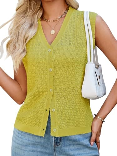 Bellcoco Womens Sleeveless V Neck Sweater Vest Crochet Knit Summer Tops Button Down Spring Cardigan Casual Outfits 2026 Green S - Image 1