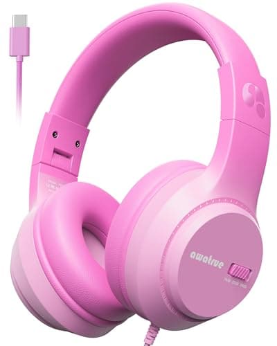awatrue USB-C Kids Headphones, 74/85/94dB Volume Limiter, Foldable Wired Over Ear Headphones for Travel, Toddler Headphones for School, Travel, iPad, Tablet, Pink Gradient